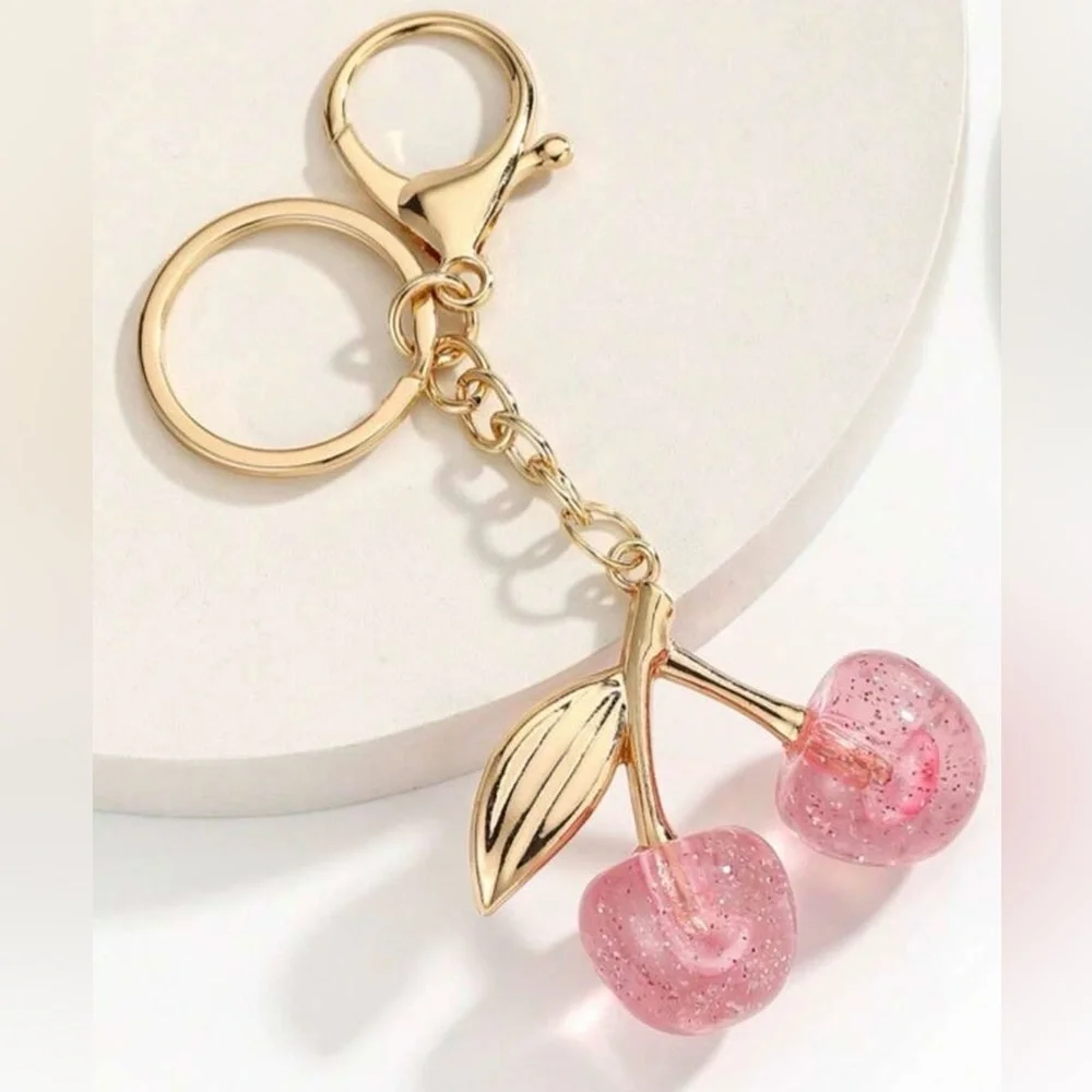 Gold and Baby Pink Cherry Keychain